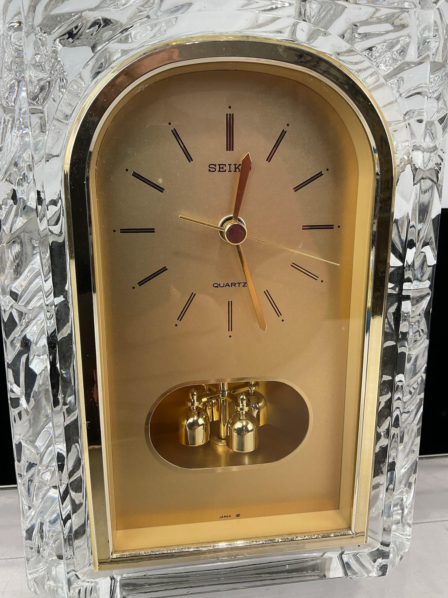 Lovely Seiko Mantel Clock, Large Chunk of Crystal w/Brass Details, battery op, 10x8x4 inches - 2
