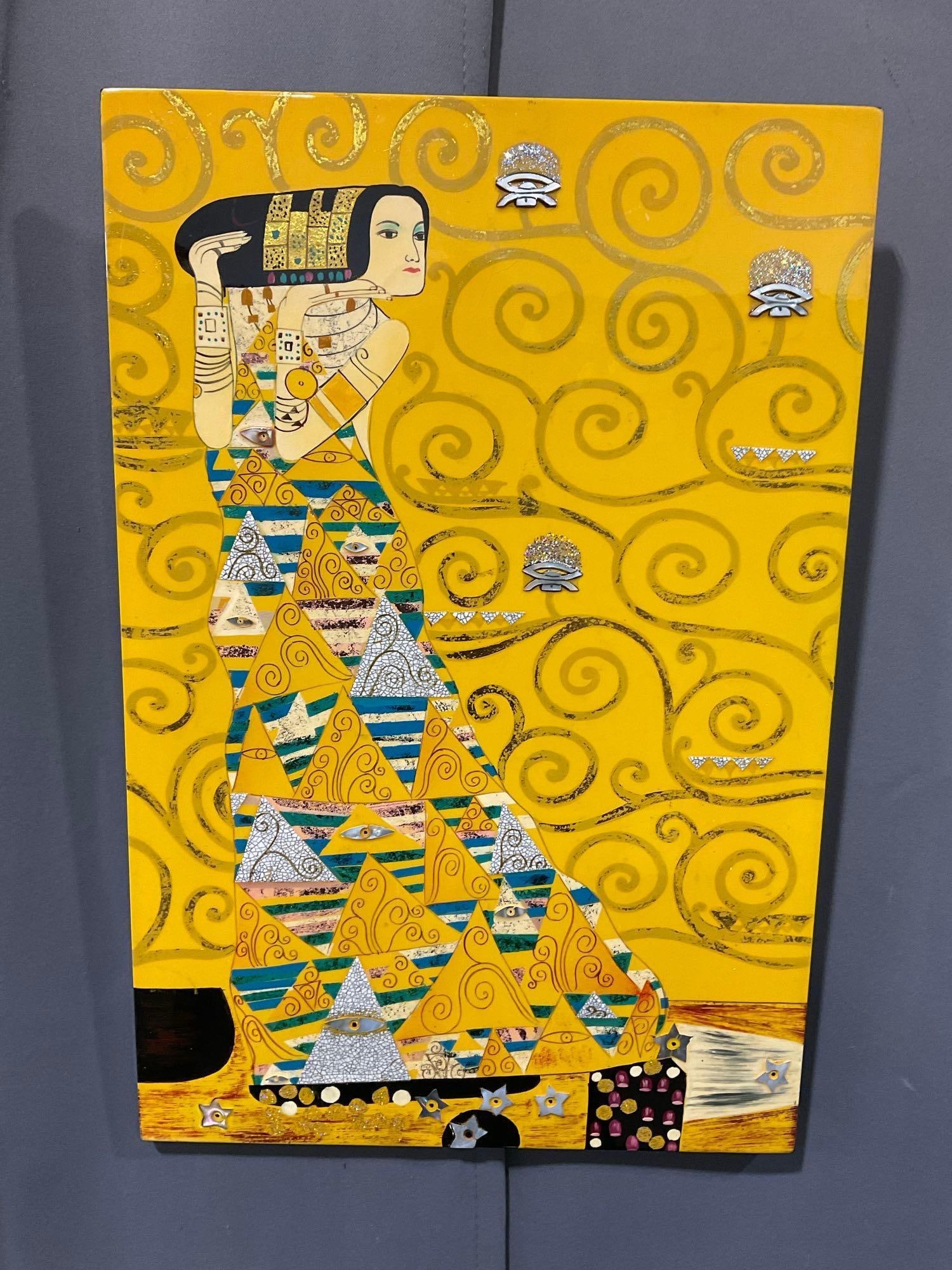 Repro of Expectation by Gustav Klimt, by Hua Phu Nguyen, Lacquer Painting, inlaid MOP, 19x13 inches: Lots 51-57 are matching style lacquer paintings, by Hua Phu Nguyen, Olympia area Vietnamese-American Artist, using unique paints not found in the US. Background Bom in 1957, in Hue City part of