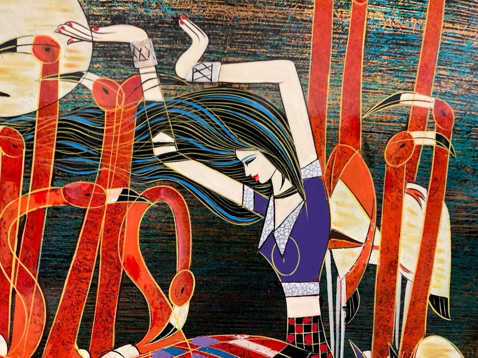 Repro of Women Among Flamingoes by T.S. Kuang by Hua Phu Nguyen, Lacquer Painting, 17x17 inches - 2