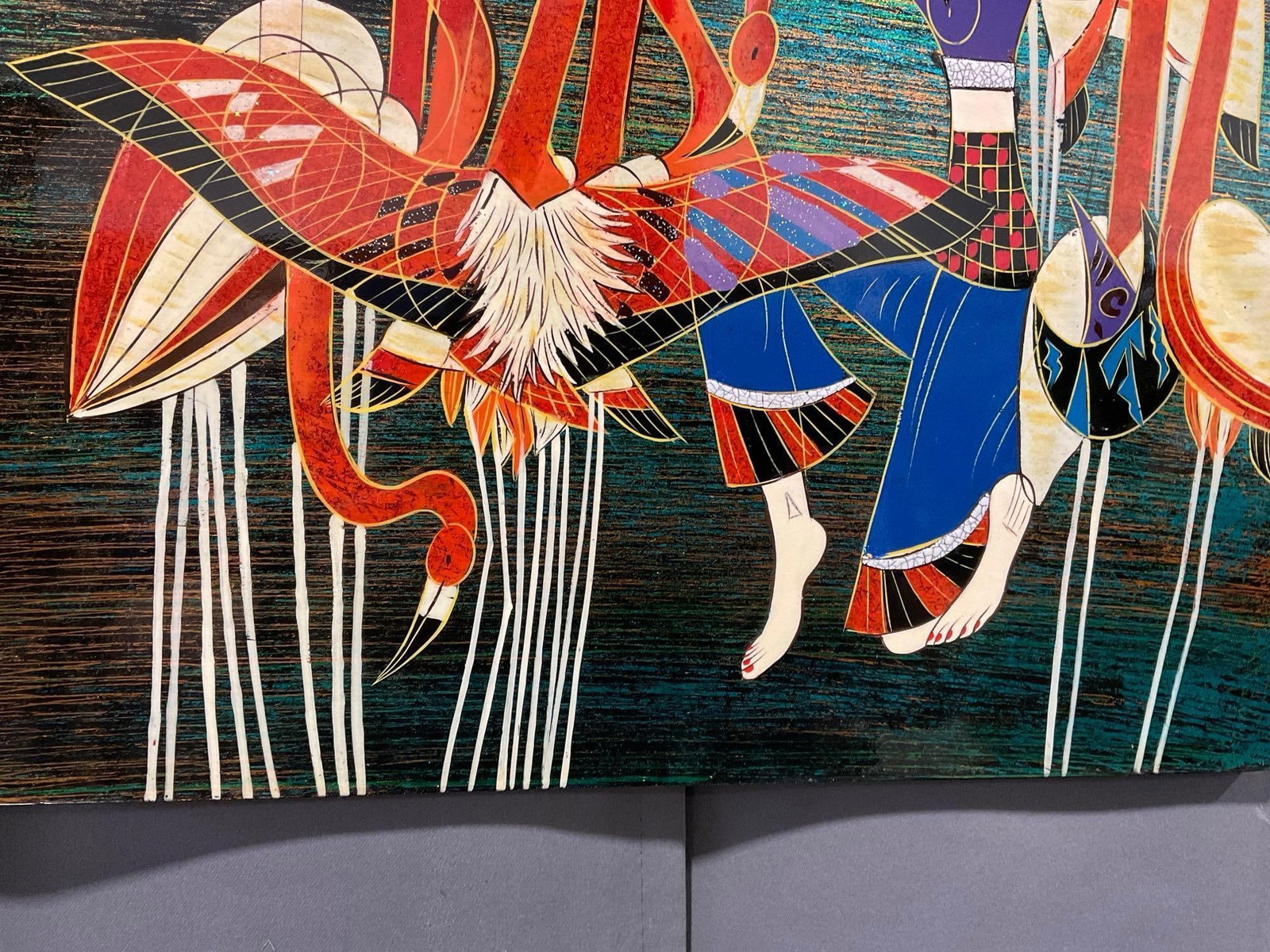 Repro of Women Among Flamingoes by T.S. Kuang by Hua Phu Nguyen, Lacquer Painting, 17x17 inches - 3