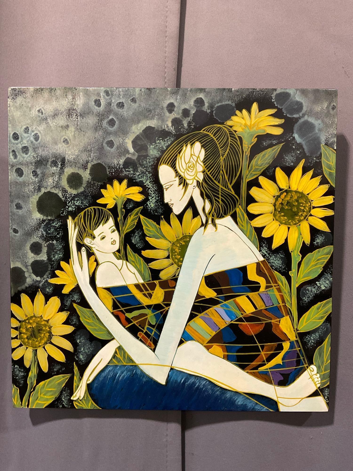 Signed Lacquer Painting titled Son in the Garden by Hua Phu Nguyen, inlaid MOP 13x13 in: Lots 51-57 are matching style lacquer paintings, by Hua Phu Nguyen, Olympia area Vietnamese-American Artist, using unique paints not found in the US. Background Bom in 1957, in Hue City part of