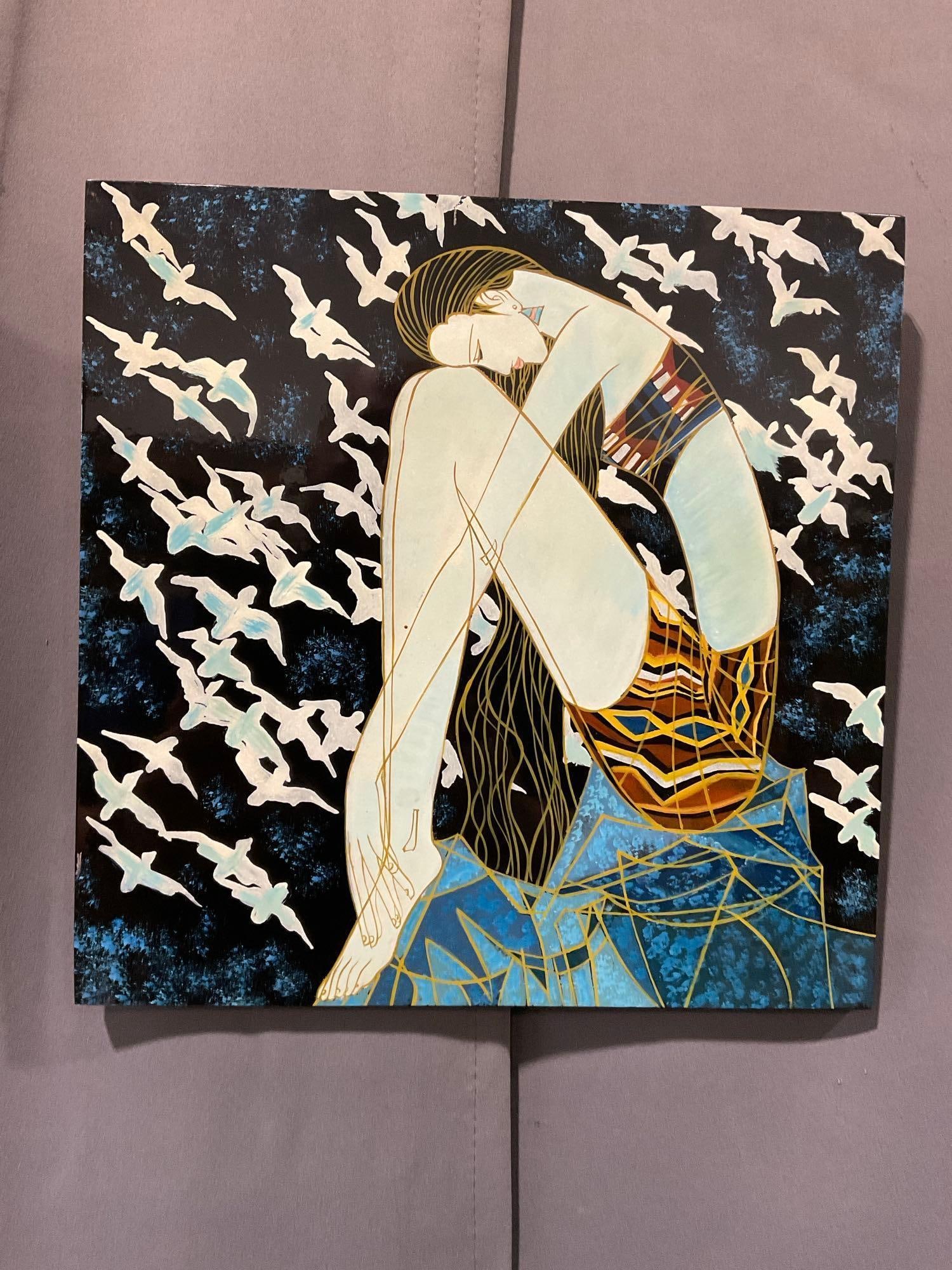 Signed Lacquer Painting titled Birds of the Sea by Hua Phu Nguyen, inlaid MOP 13x13 in: Lots 51-57 are matching style lacquer paintings, by Hua Phu Nguyen, Olympia area Vietnamese-American Artist, using unique paints not found in the US. Background Bom in 1957, in Hue City part of