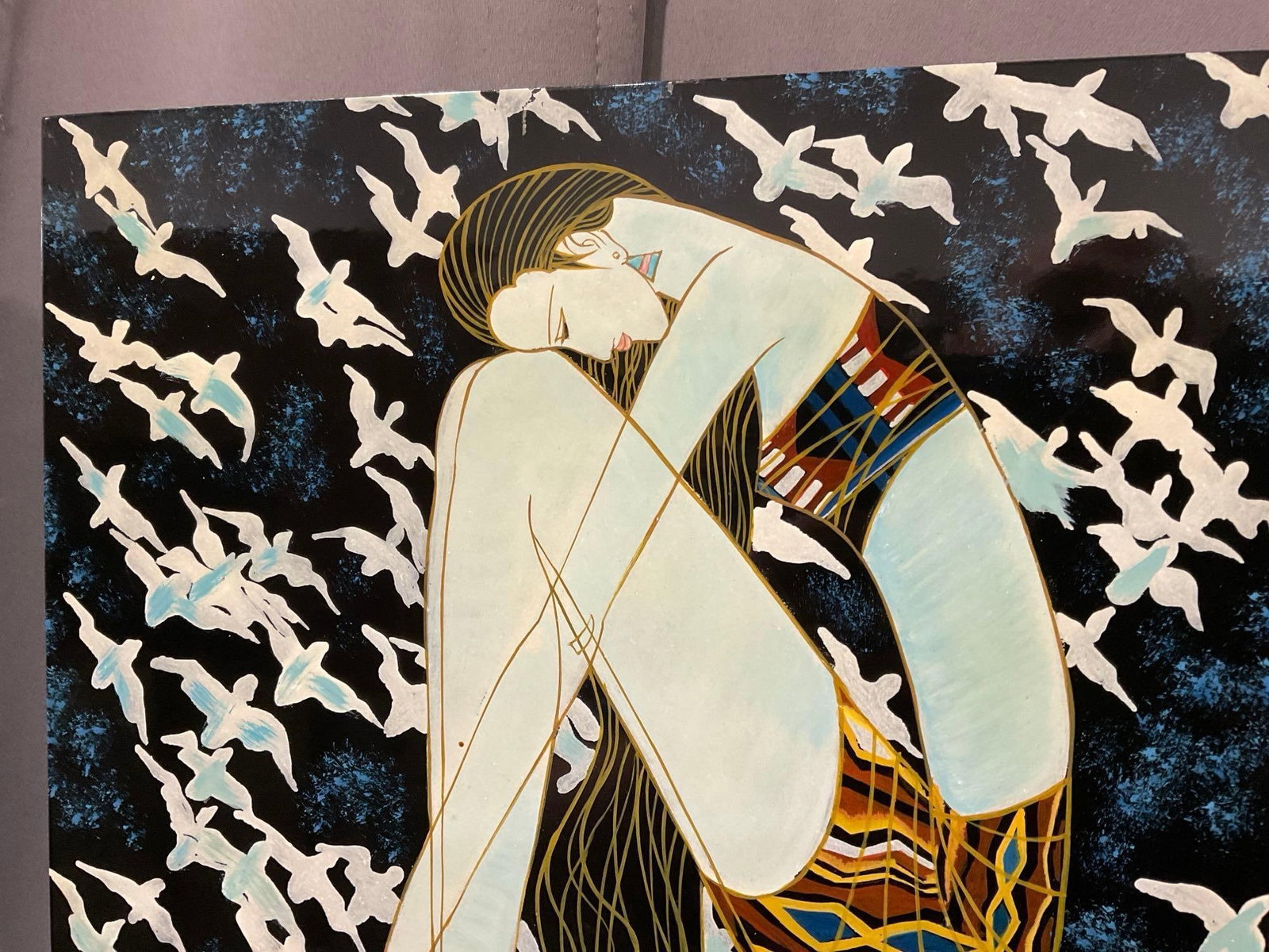 Signed Lacquer Painting titled Birds of the Sea by Hua Phu Nguyen, inlaid MOP 13x13 in - 2