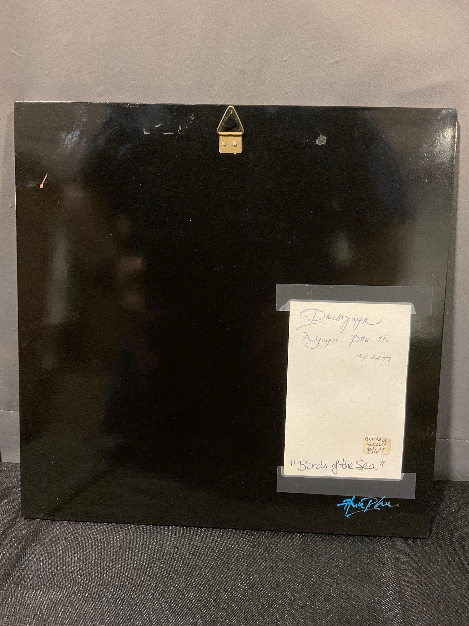 Signed Lacquer Painting titled Birds of the Sea by Hua Phu Nguyen, inlaid MOP 13x13 in - 4