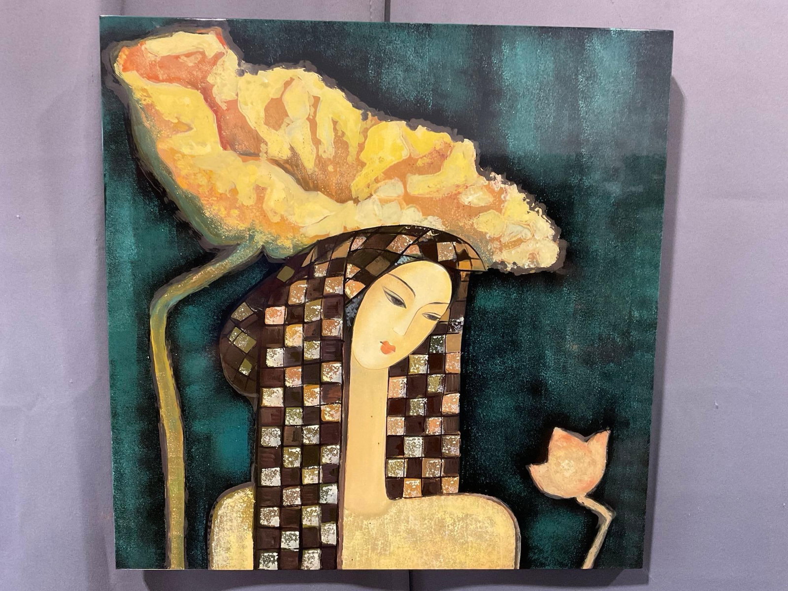 Signed Lacquer Painting titled Woman with Lotus by Hua Phu Nguyen, inlaid MOP 17x17 in: Lots 51-57 are matching style lacquer paintings, by Hua Phu Nguyen, Olympia area Vietnamese-American Artist, using unique paints not found in the US. Background Bom in 1957, in Hue City part of