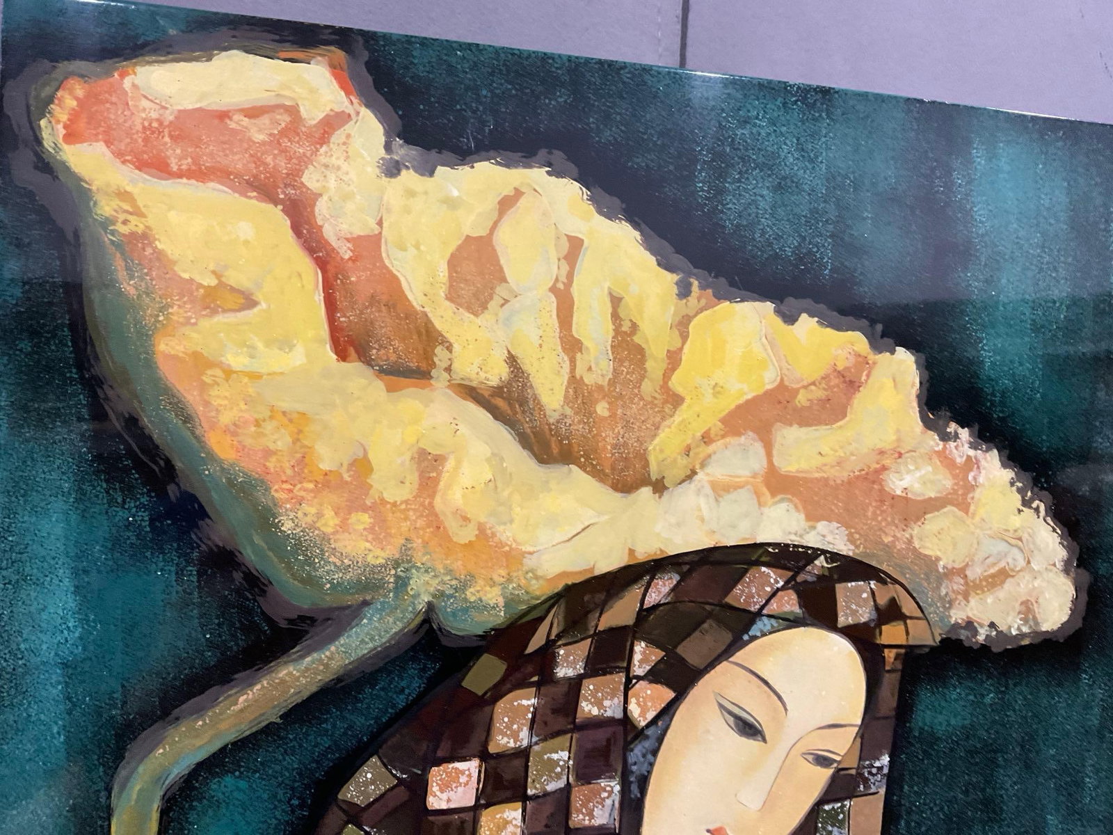 Signed Lacquer Painting titled Woman with Lotus by Hua Phu Nguyen, inlaid MOP 17x17 in - 2