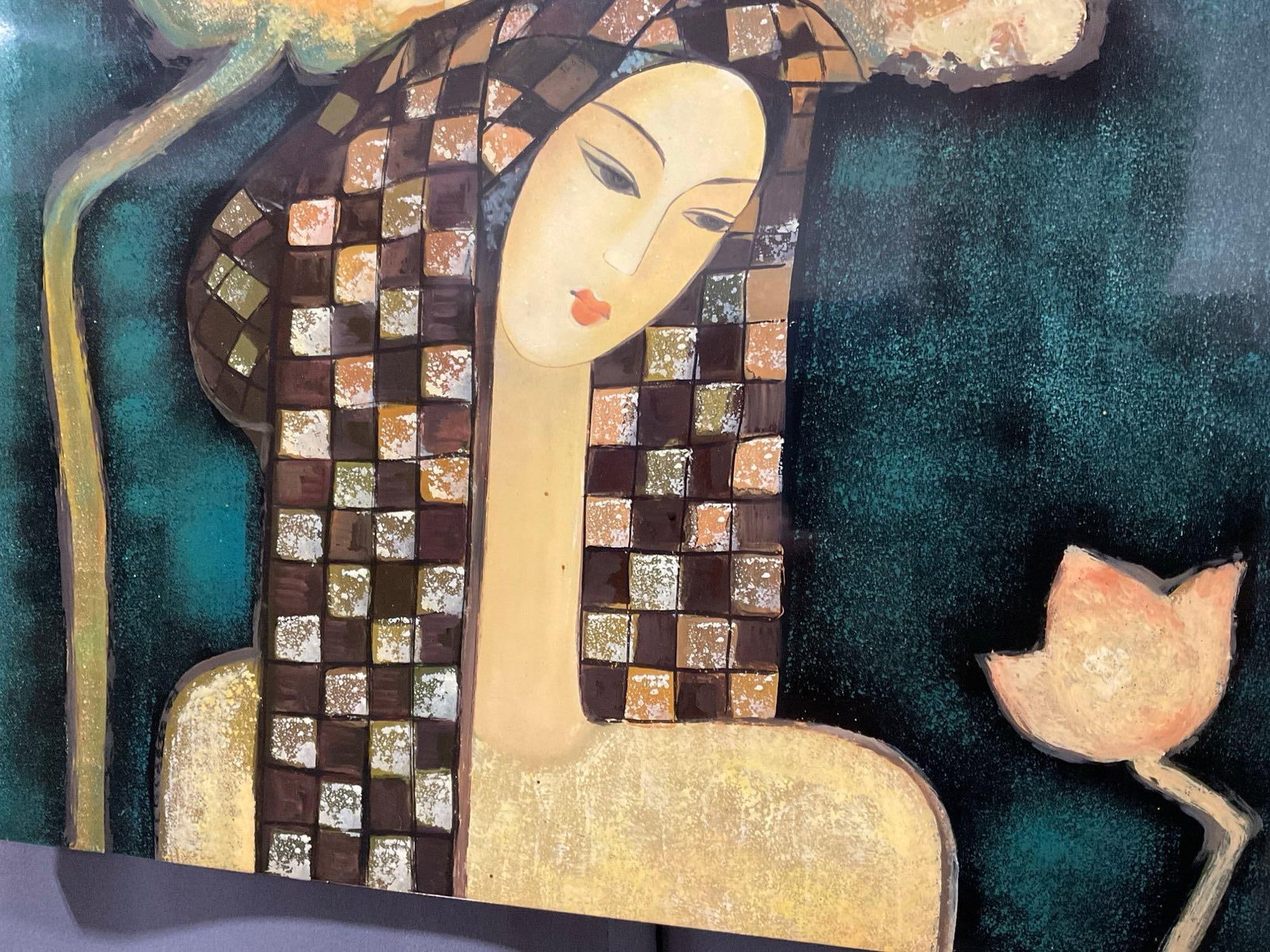Signed Lacquer Painting titled Woman with Lotus by Hua Phu Nguyen, inlaid MOP 17x17 in - 3