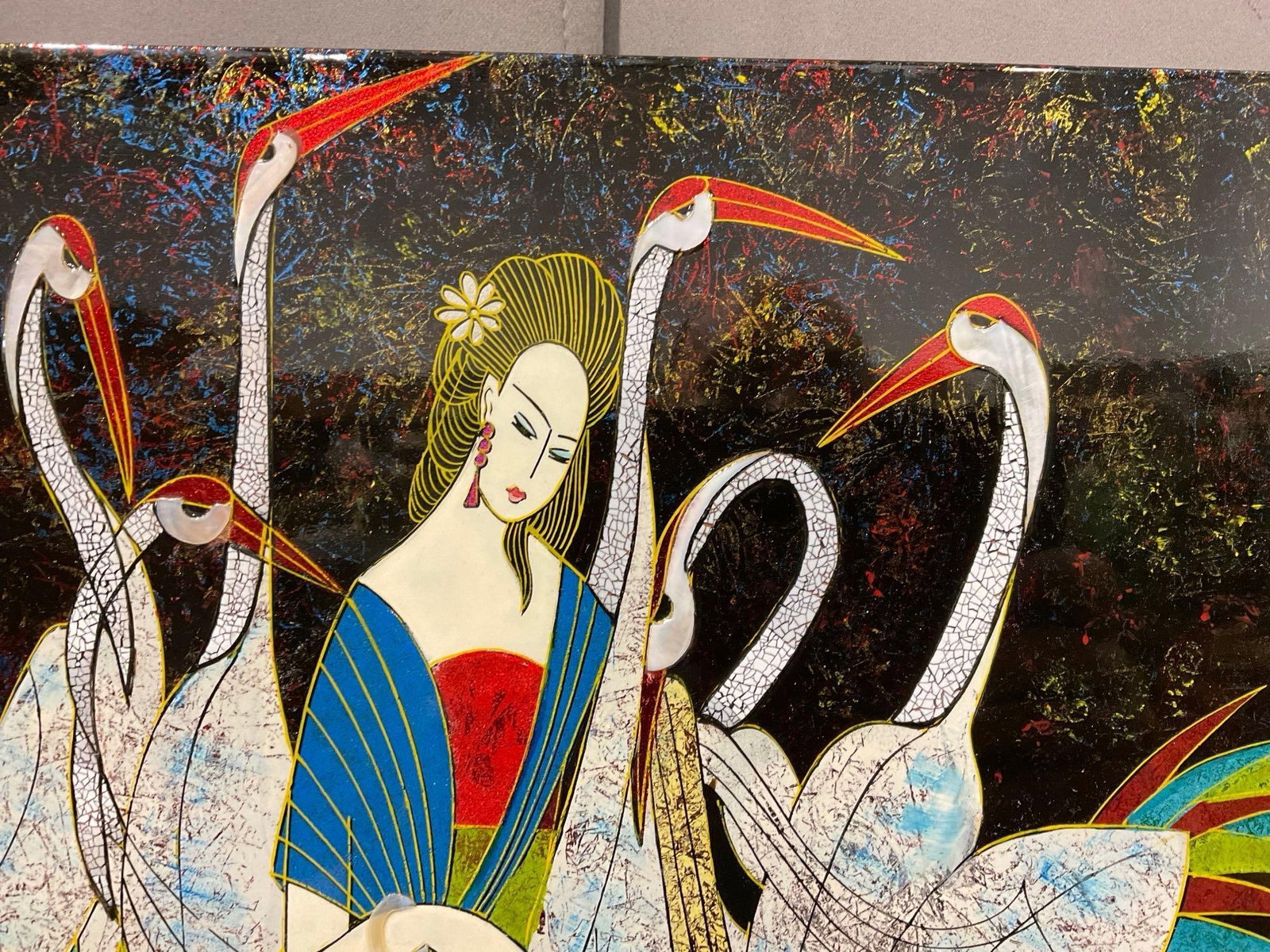 Lacquer Painting Woman with Cranes, by Hua Phu Nguyen, inlaid MOP 13x13 in, dark bg w/lots of col... - 2