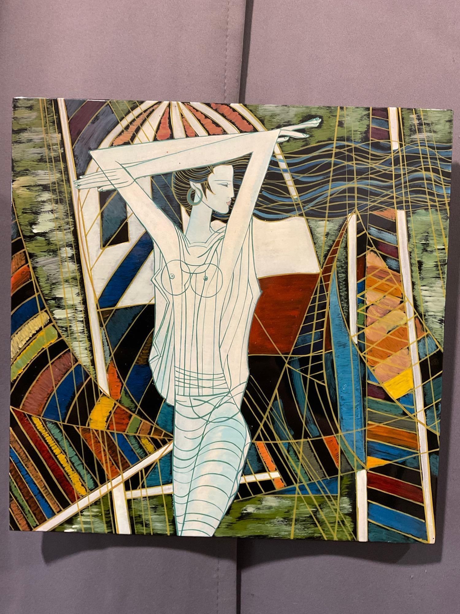 Signed Lacquer Painting titled On the Boat by Hua Phu Nguyen, inlaid MOP 17x17 inch: Lots 51-57 are matching style lacquer paintings, by Hua Phu Nguyen, Olympia area Vietnamese-American Artist, using unique paints not found in the US. Background Bom in 1957, in Hue City part of