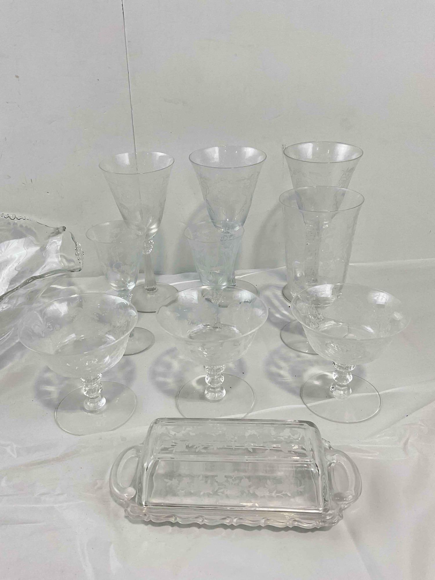 22 pcs Vintage Heisey? Clear Glass Dishes w/ Etched Orchid Flower Detail. Good Condition. See pics. - 2