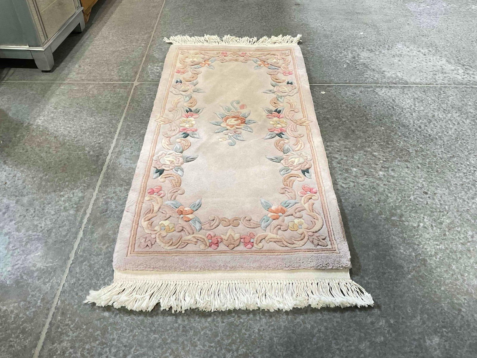Vintage Mauve Wool Pile Area Rug w/ Floral Border. Fair Condition. Measures 56" x 25" See pics. - 2