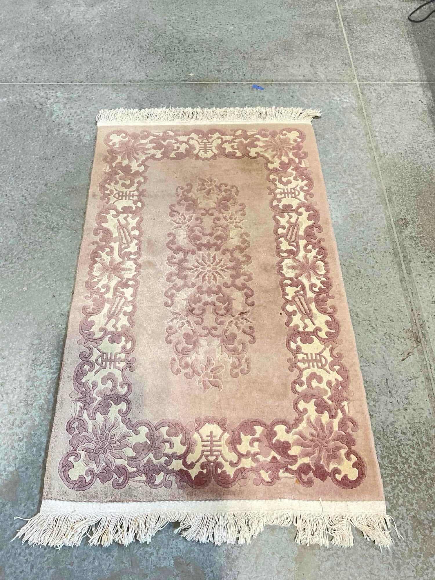 Vintage Mauve & Purple Wool Pile Area Rug w/ Floral Border. Measures 68" x 37" Good Condition. (1 of 3)