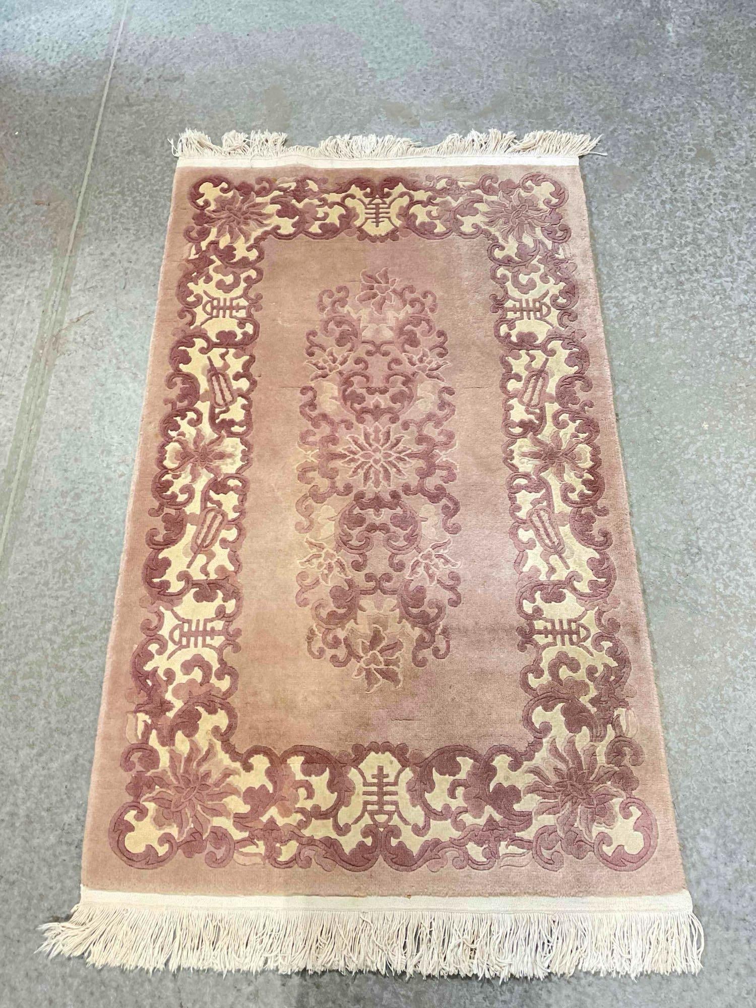Vintage Mauve & Purple Wool Pile Area Rug w/ Floral Border. Measures 68" x 37" Good Condition. - 2