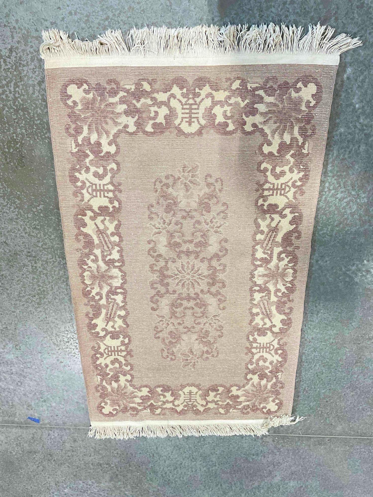 Vintage Mauve & Purple Wool Pile Area Rug w/ Floral Border. Measures 68" x 37" Good Condition. - 3
