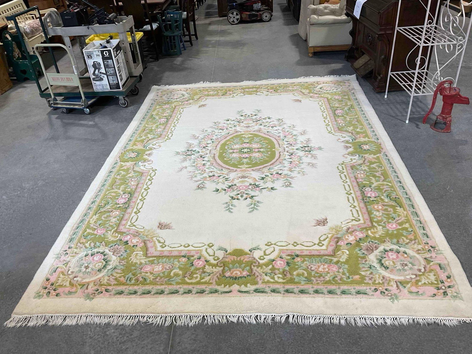 Vintage Large Green & Cream Wool Pile Rug w/ Floral Motif. Good Condition. Measures 142" x 103" - 2