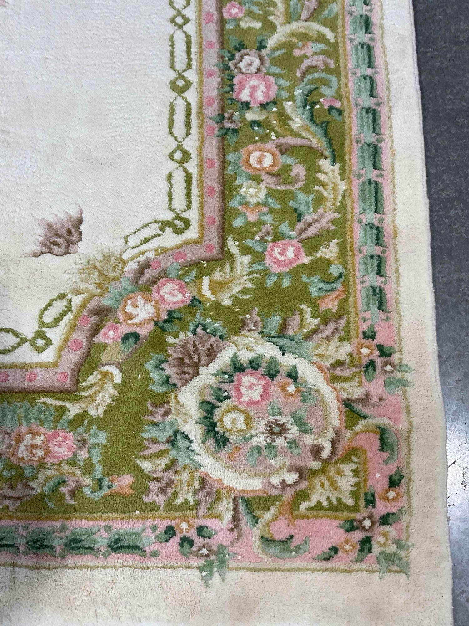 Vintage Large Green & Cream Wool Pile Rug w/ Floral Motif. Good Condition. Measures 142" x 103" - 3