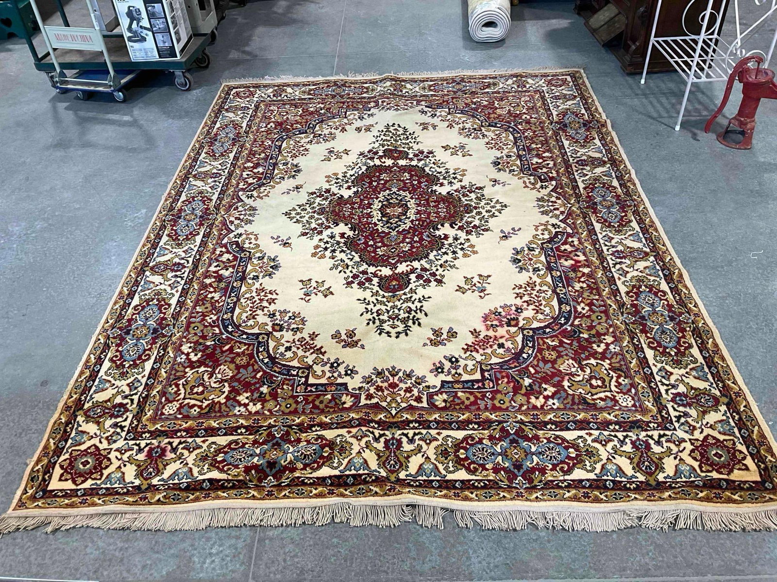 Vintage Persian Style Cream & Red Wool Pile Area Rug. Good Condition. Measures 132" x 95" - 2