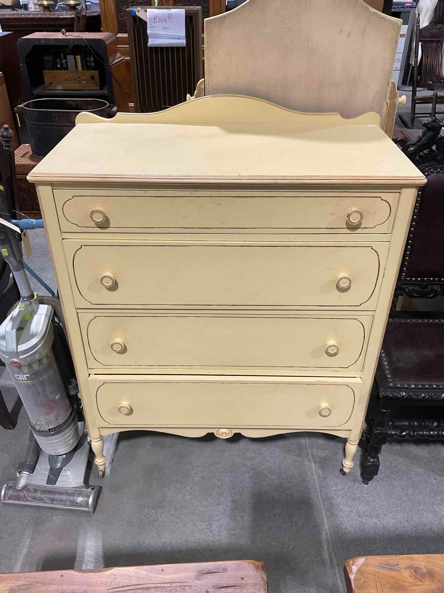 Vintage Butter Yellow Painted Wood 4-Drawer Dresser on Castors. Good Condition. See pics.: Vintage Butter Yellow Painted Wood 4-Drawer Dresser on Castors. Good Condition. Piece has minor wear indicative of age and use, otherwise looks to be in good condition. Part of set with lot 74.