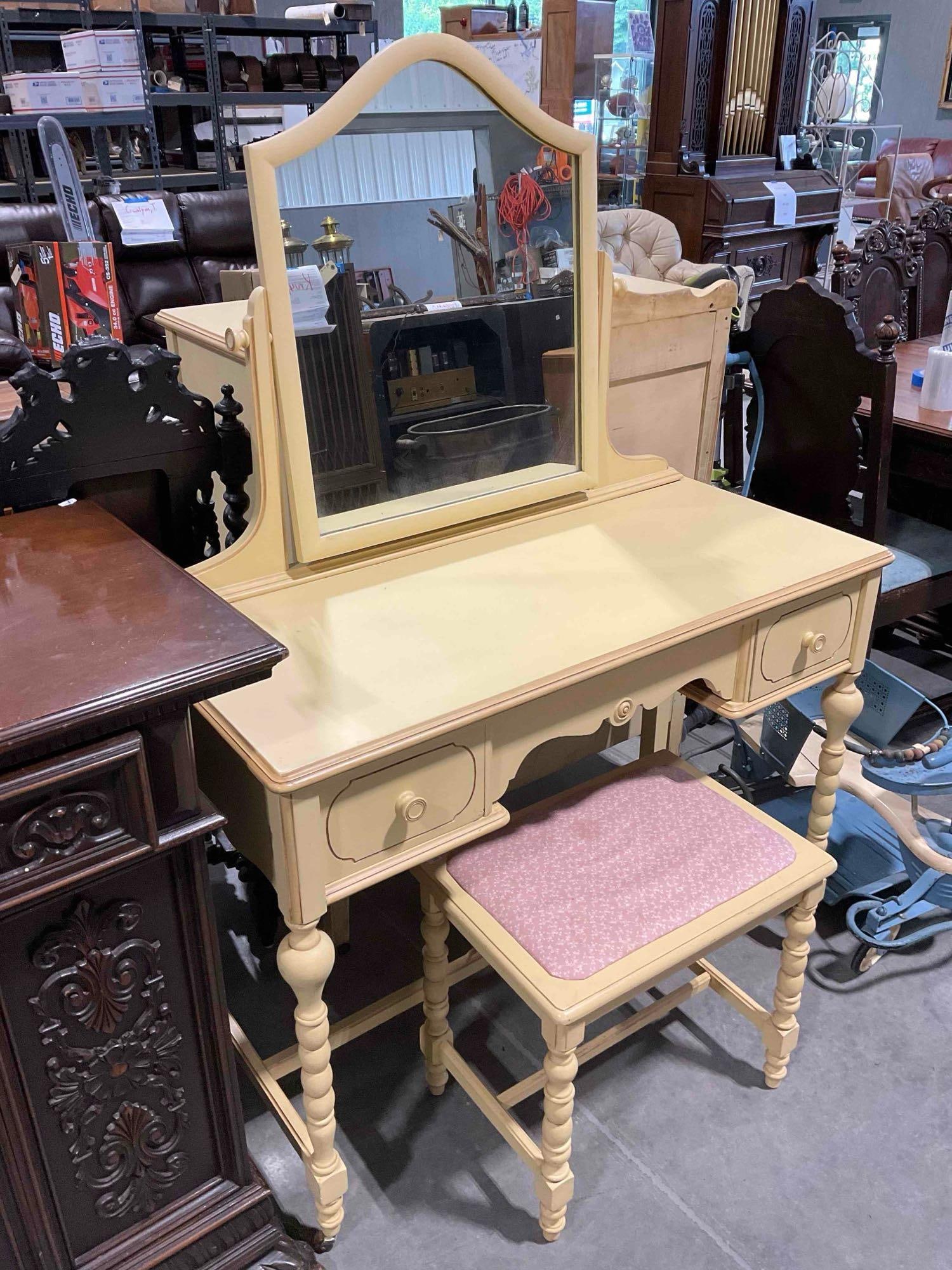 Vintage Butter Yellow Painted Wood Vanity w/ 2 Drawers, Mirror & Bench Seat. Good Condition. - 3