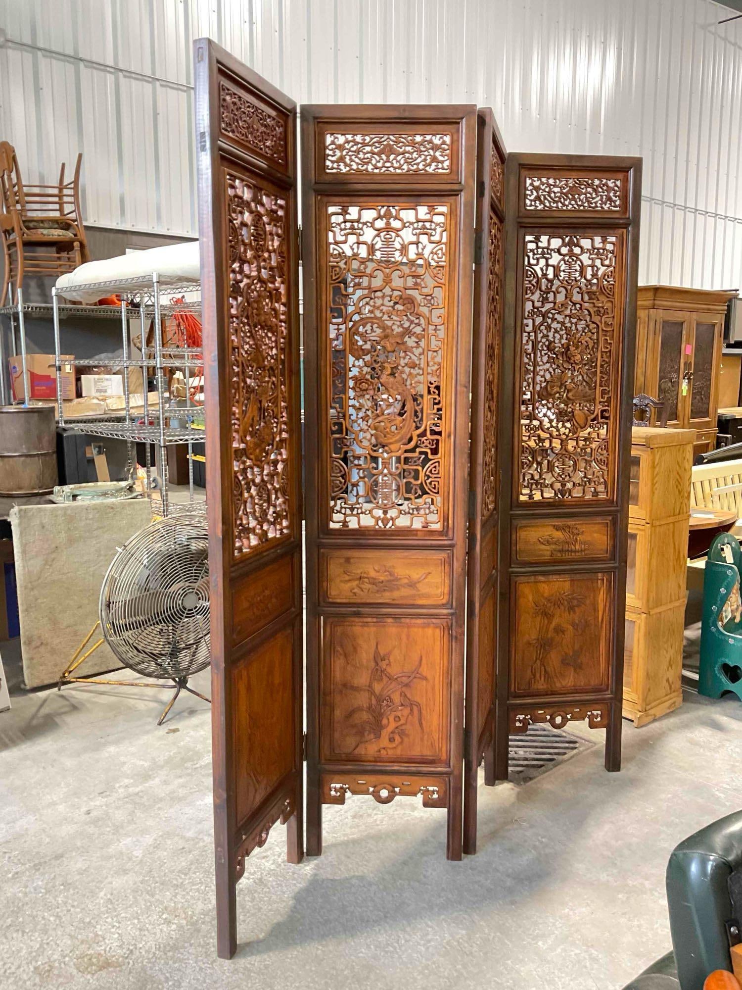 Lovely 4-Panel Wood Room Divider Screen w/ Ornate Asian Style Carvings of Birds. Good Cond. - 2