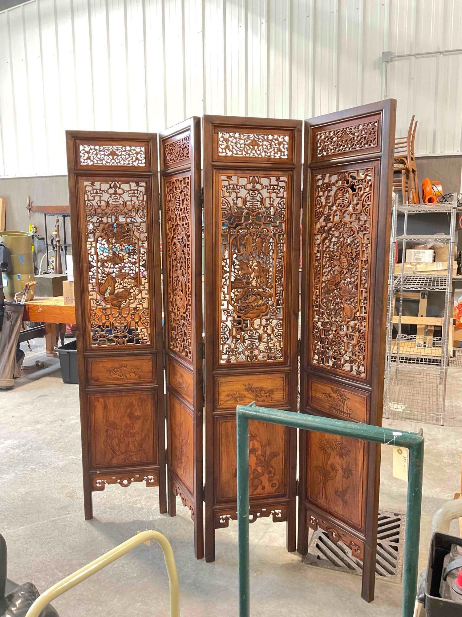 Lovely 4-Panel Wood Room Divider Screen w/ Ornate Asian Style Carvings of Birds. Good Cond. - 3
