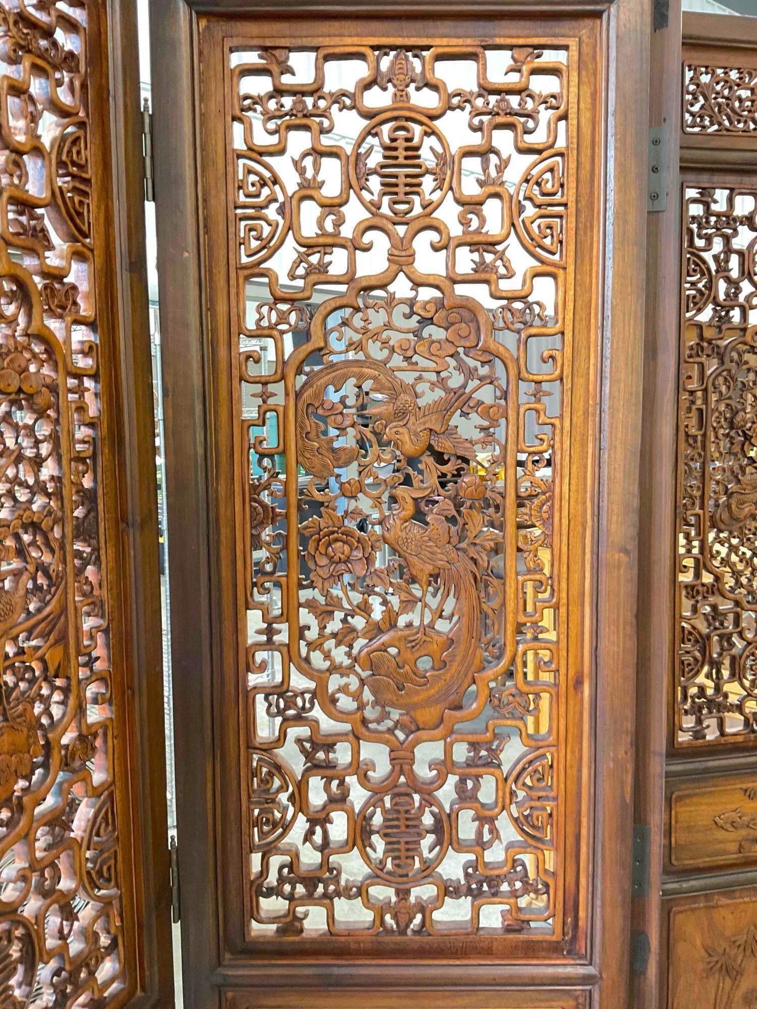 Lovely 4-Panel Wood Room Divider Screen w/ Ornate Asian Style Carvings of Birds. Good Cond. - 5
