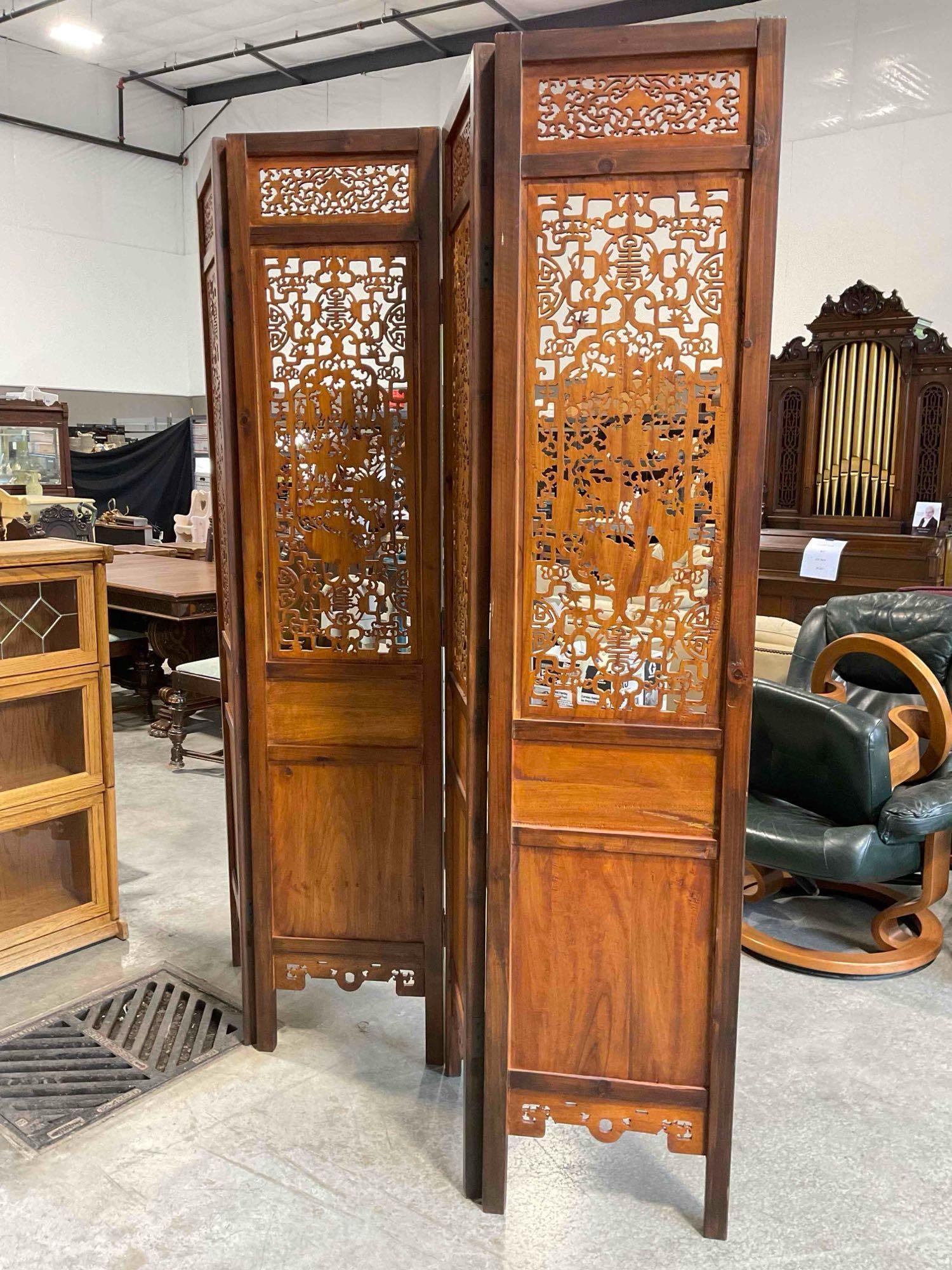 Lovely 4-Panel Wood Room Divider Screen w/ Ornate Asian Style Carvings of Birds. Good Cond. - 8