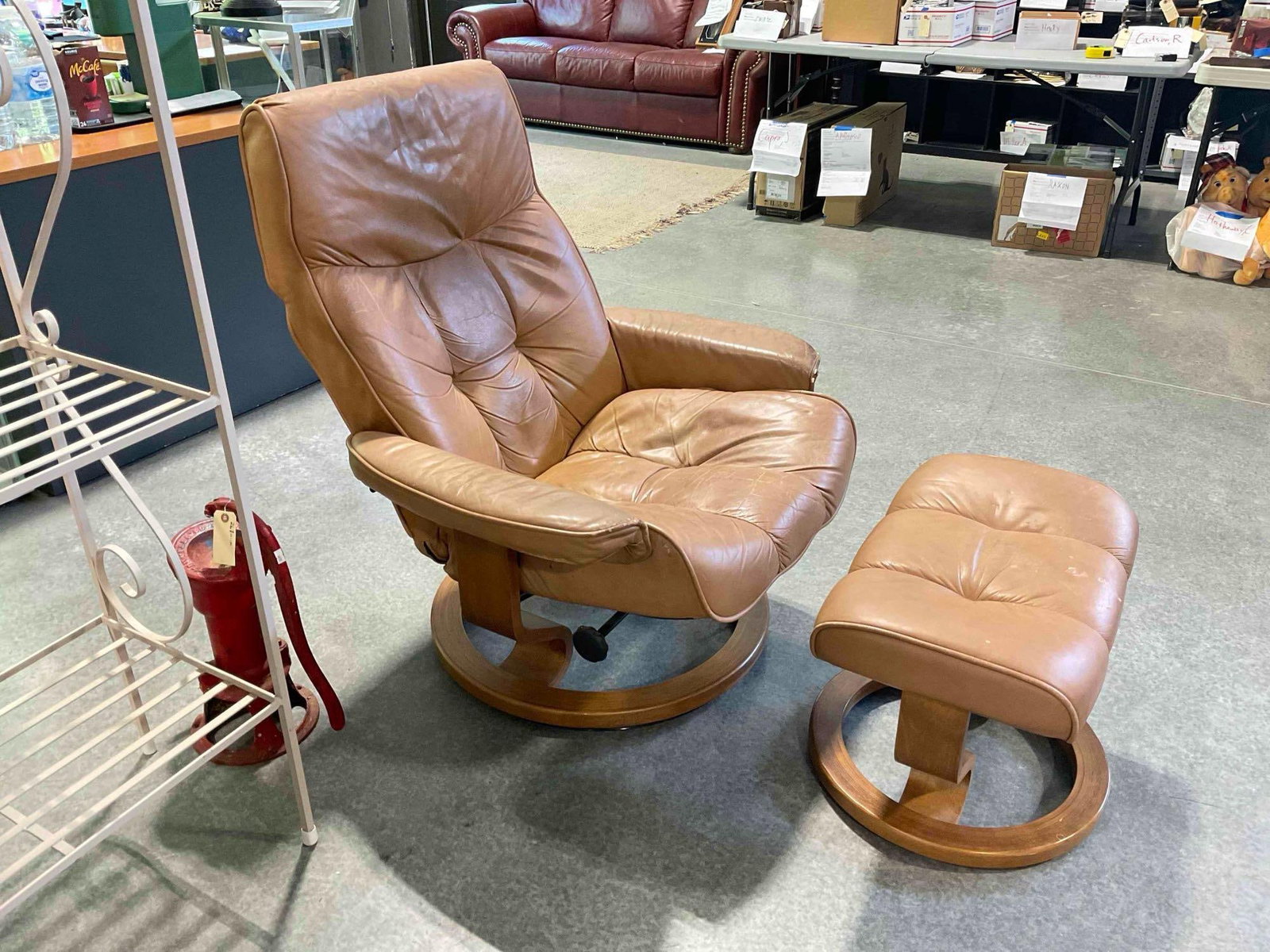 Vintage Latte Brown LeatherRest by Lane Stressless Style Recliner Chair w/ Ottoman. Fair Cond. - 3
