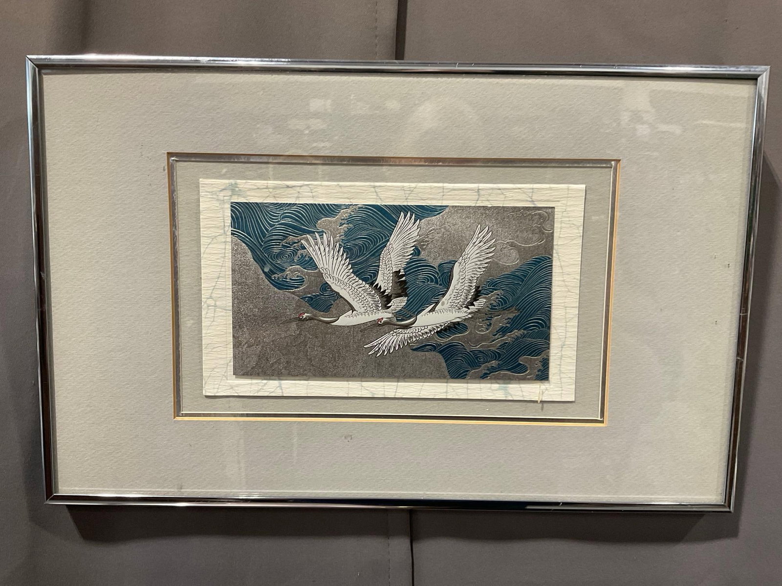 Small Japanese Print, 2 Cranes Flying over the Waves, Nihonga style, poss. Matazo Kayama, 11x17 (1 of 4)