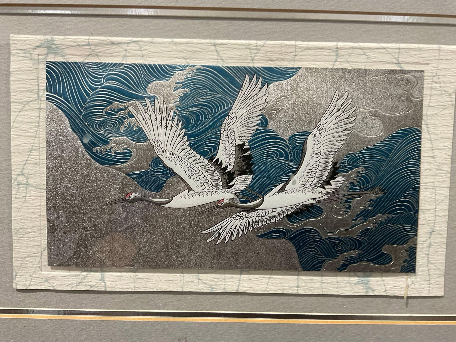 Small Japanese Print, 2 Cranes Flying over the Waves, Nihonga style, poss. Matazo Kayama, 11x17 - 2