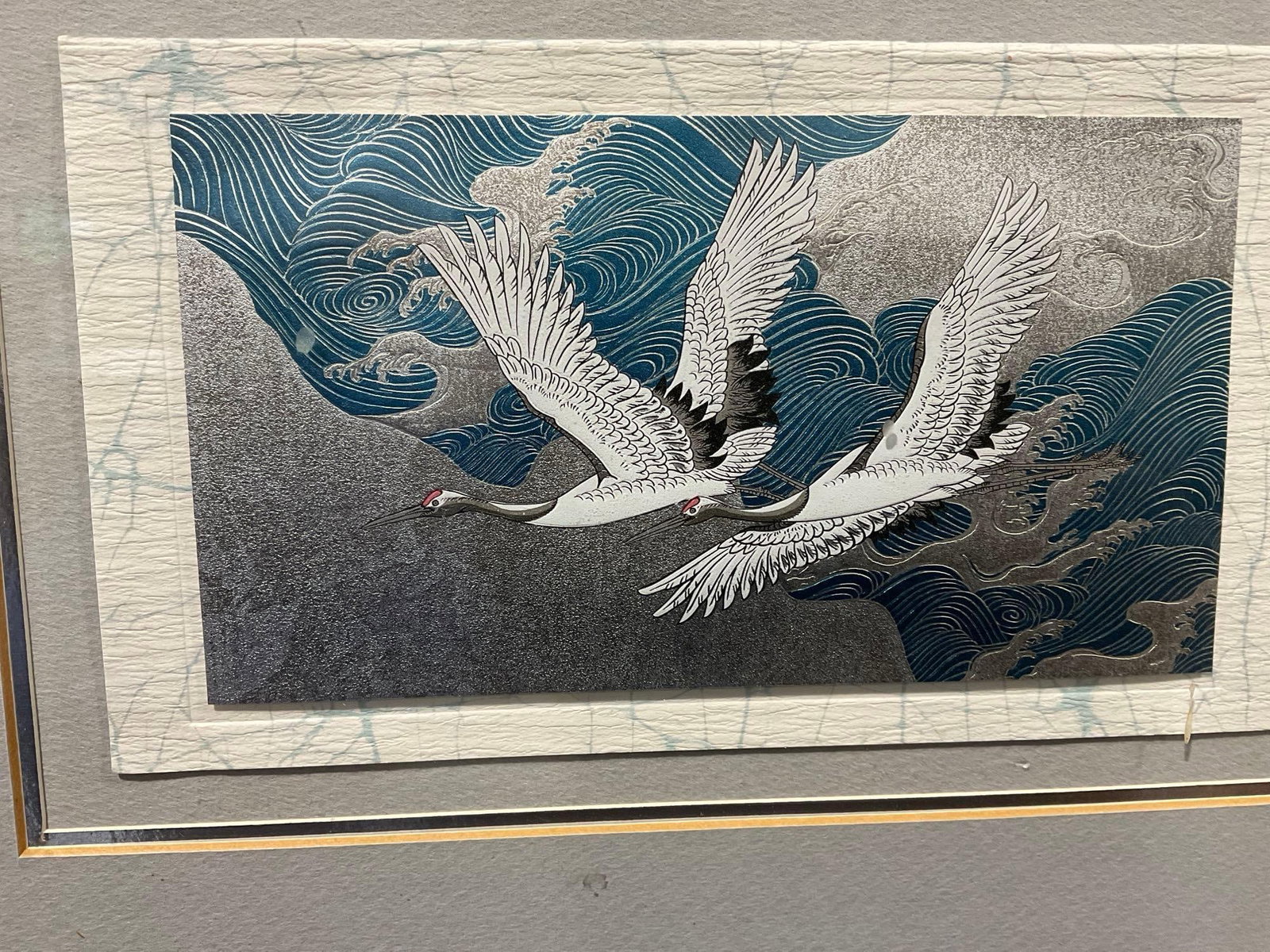 Small Japanese Print, 2 Cranes Flying over the Waves, Nihonga style, poss. Matazo Kayama, 11x17 - 3