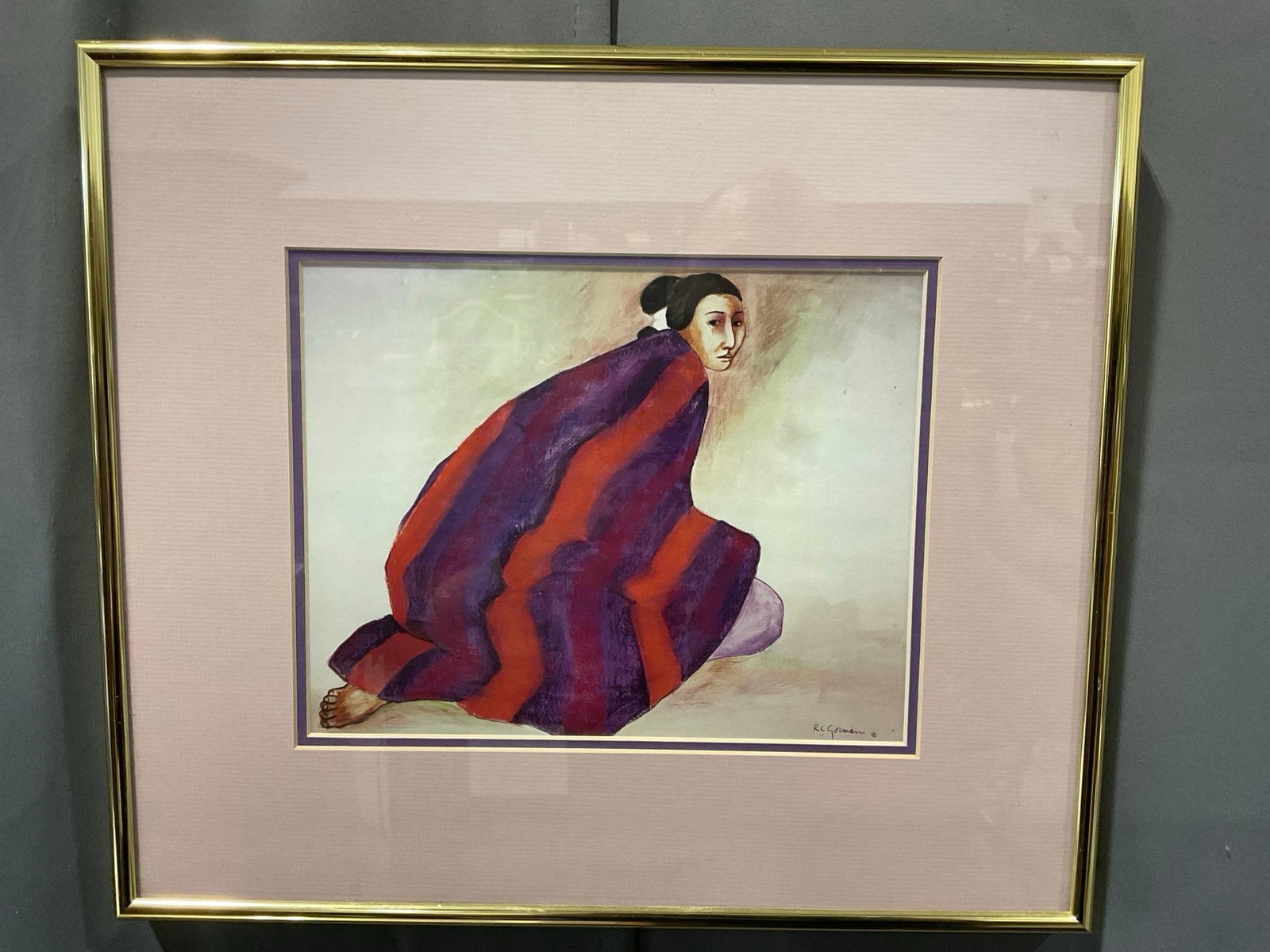 Framed Serigraph by Native American Artist R.C. Gorman, 14x16 inch, Woman w/Blanket: Bio on the back. Appears to be in good shape. The piece measures approx 14h x 16w x 3d inches. See pics. E-6080