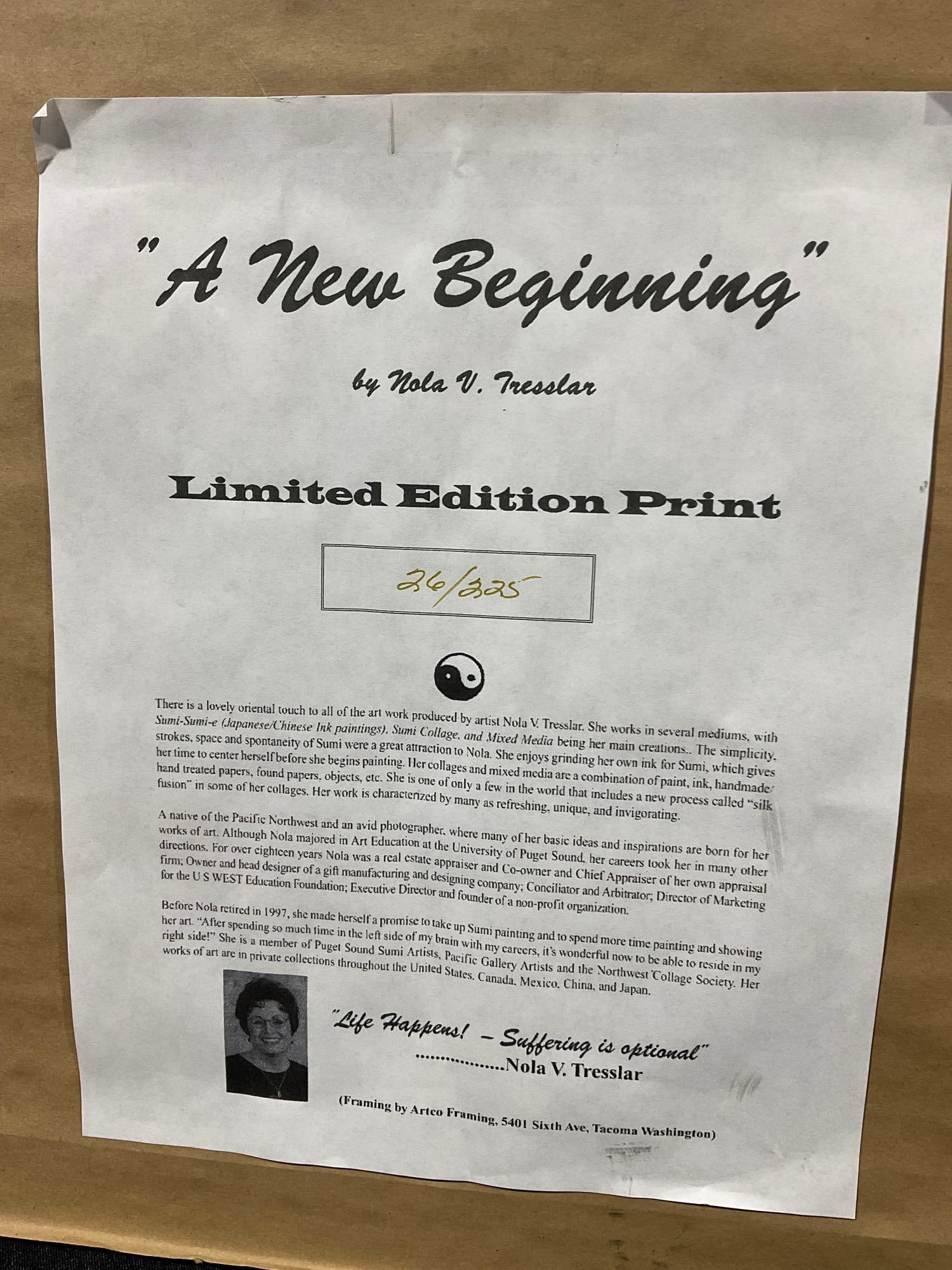 Framed Signed & #d 26/225 Litho titled A New Beginning by Nola V. Tresslar, PNW artist, 23x23 in - 6