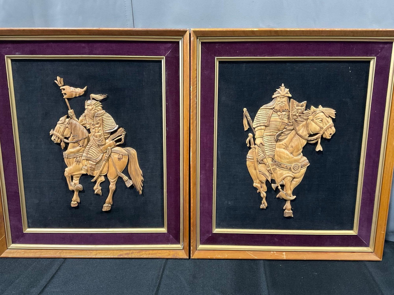 Pair of Vintage Japanese Relief Carvings, 2 Mounted Samurai Warriors, 24x21 inches: Appears to be in good shape. The piece measures approx 24h x 21w x 4d inches. See pics. E-6080