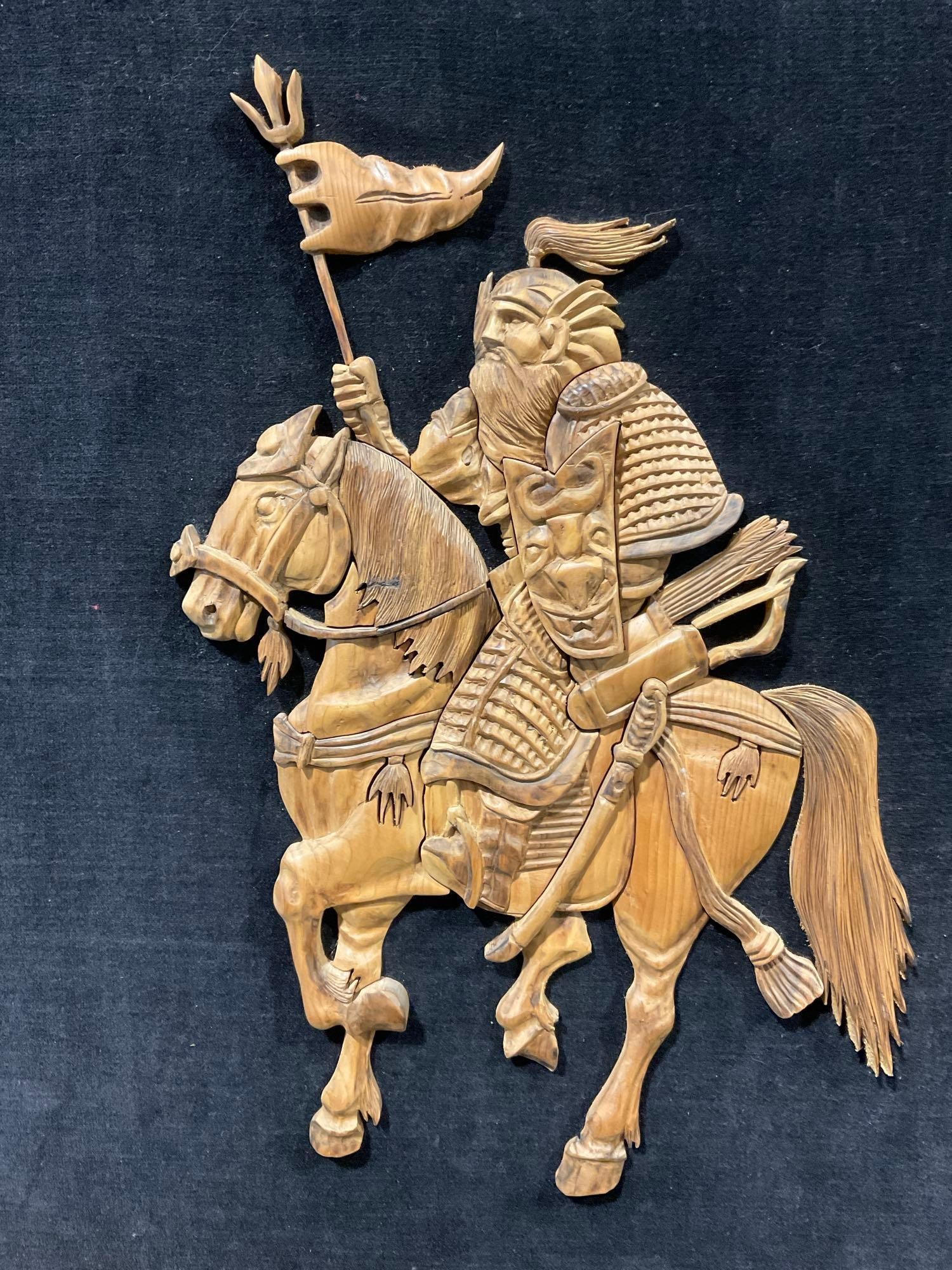 Pair of Vintage Japanese Relief Carvings, 2 Mounted Samurai Warriors, 24x21 inches - 2