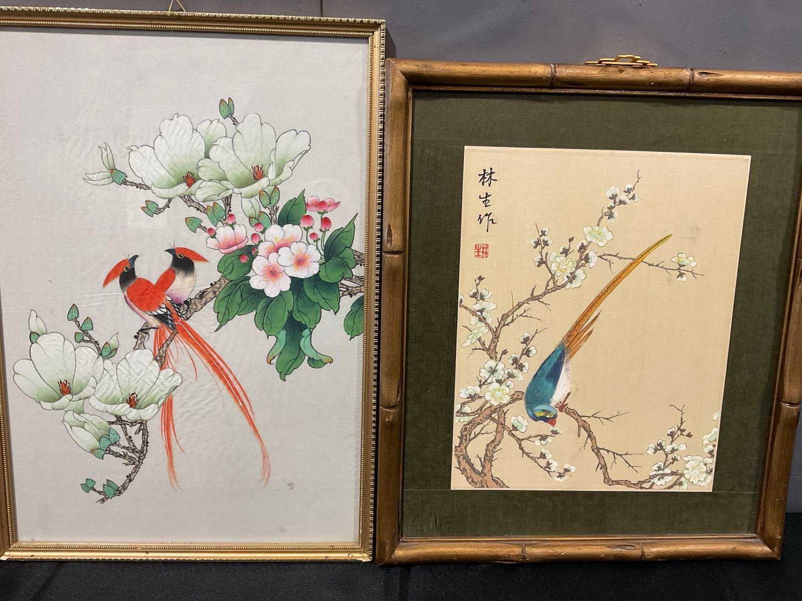 Pair of Chinese Watercolor Serigraphs, Birds & Flower Motif, 18x14 inches: Appears to be in good shape. The piece measures approx 18h x 14w x 3d inches. See pics. E-6080