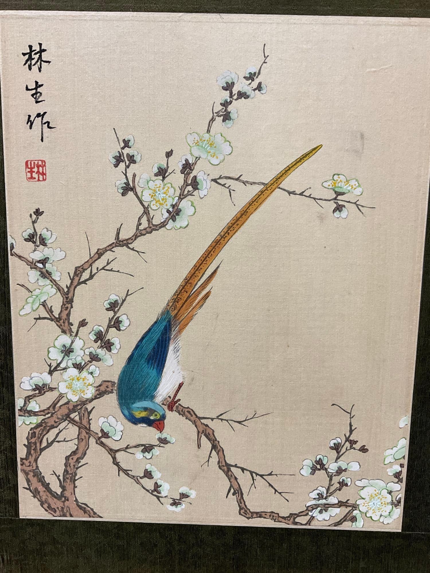 Pair of Chinese Watercolor Serigraphs, Birds & Flower Motif, 18x14 inches - 2