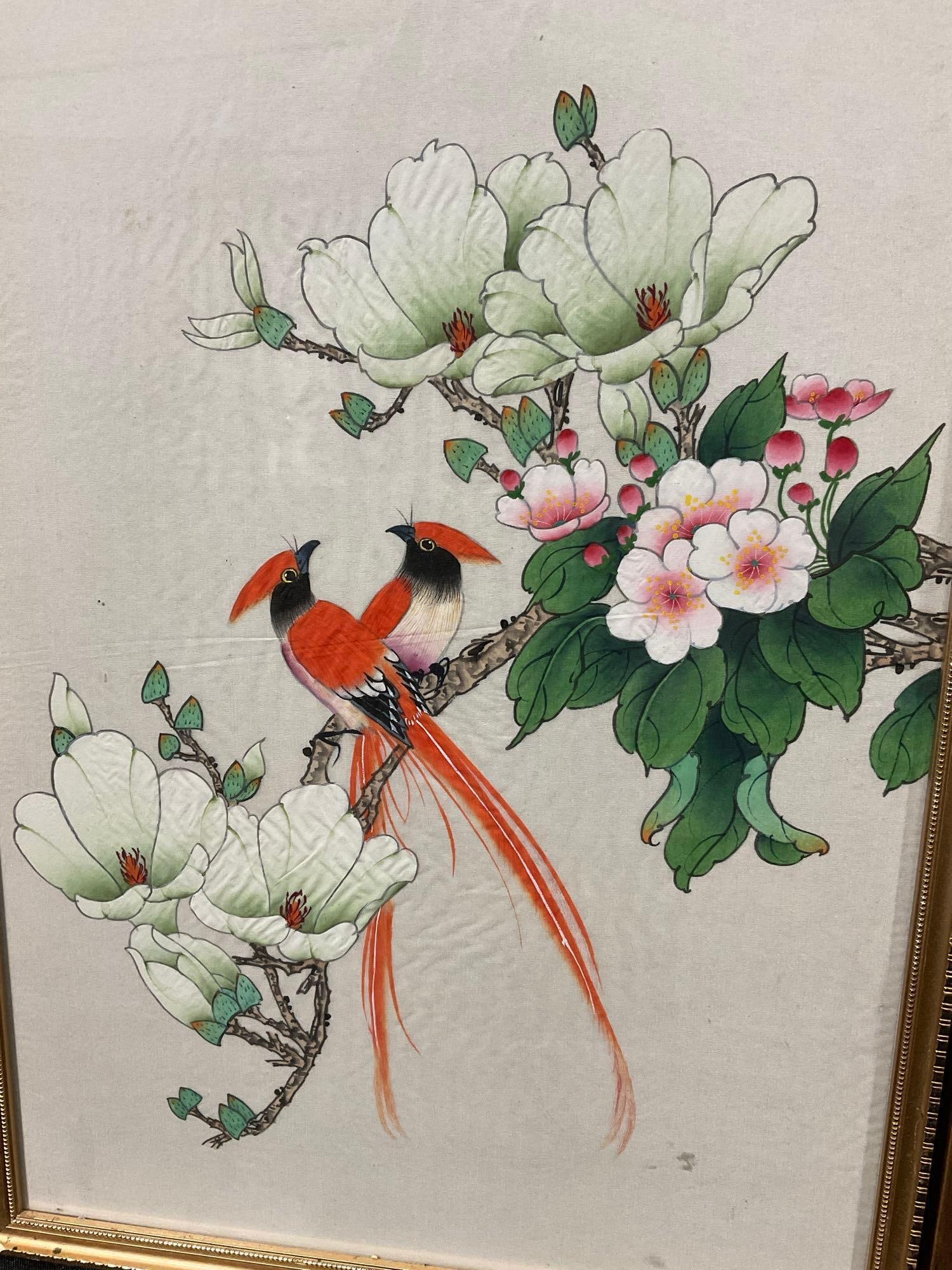 Pair of Chinese Watercolor Serigraphs, Birds & Flower Motif, 18x14 inches - 3