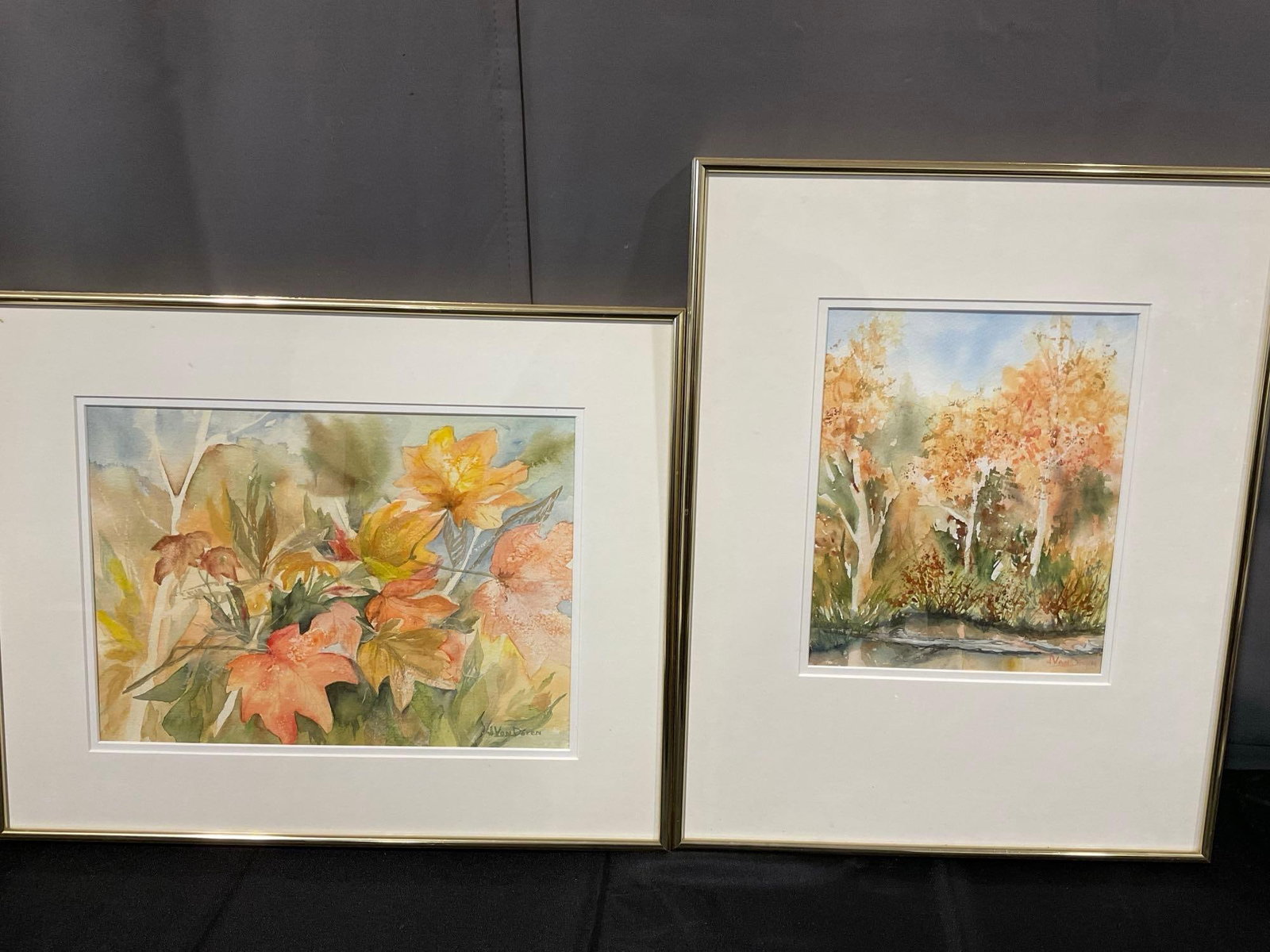 Pair of Watercolor Paintings by V. VanDoren, Titled #486 Autumn Thicket & #487 McLane Creek Area: Each are titled & signed on the back of the piece. Appears to be in good shape. The piece measures approx 21h x 17w x 3d inches. See pics. E-6080