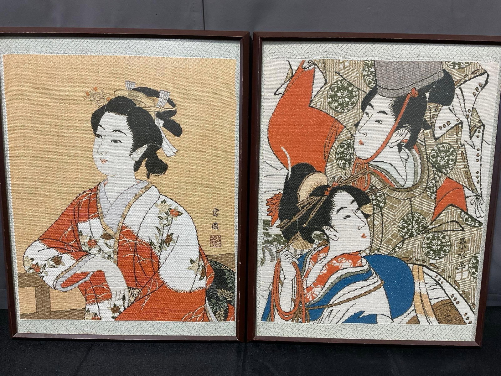 Pair of Framed Painted Woven Silk traditional geisha style pieces, 22h x 17w x 3d inches: Appears to be in good shape. The piece measures approx 22h x 17w x 3d inches. See pics. E-6080