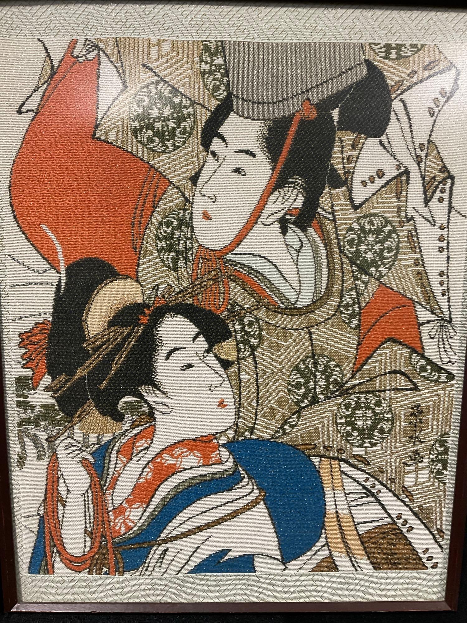 Pair of Framed Painted Woven Silk traditional geisha style pieces, 22h x 17w x 3d inches - 2