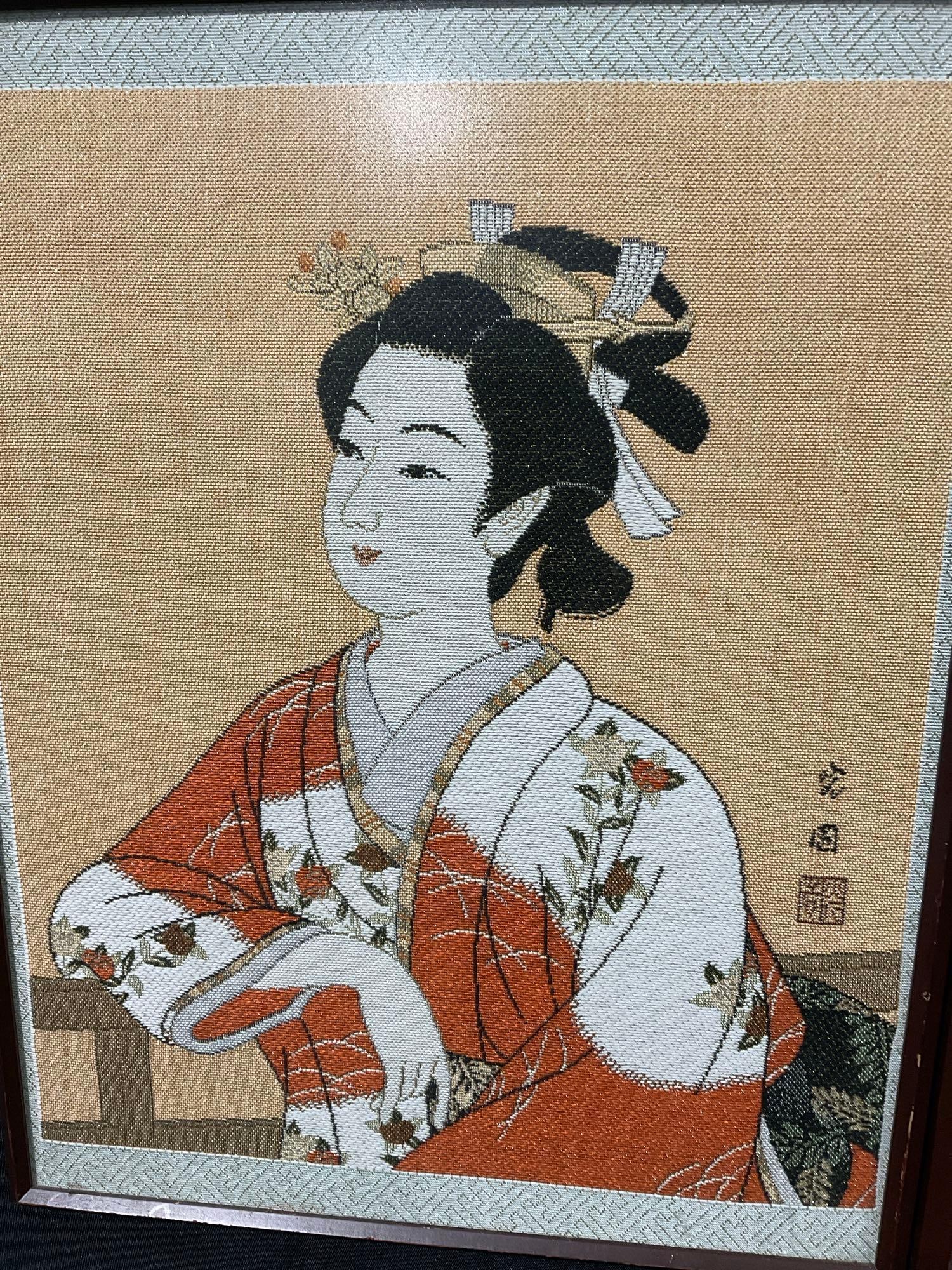 Pair of Framed Painted Woven Silk traditional geisha style pieces, 22h x 17w x 3d inches - 3