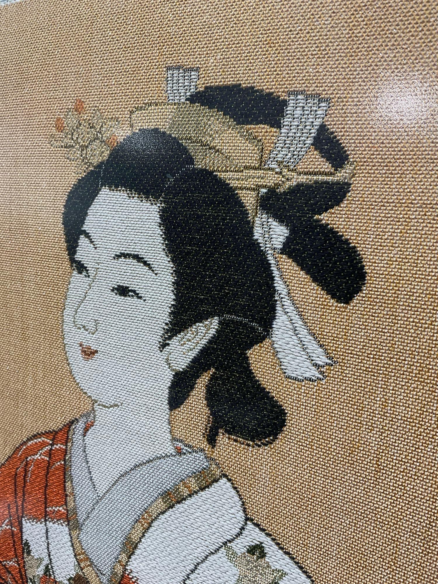 Pair of Framed Painted Woven Silk traditional geisha style pieces, 22h x 17w x 3d inches - 4