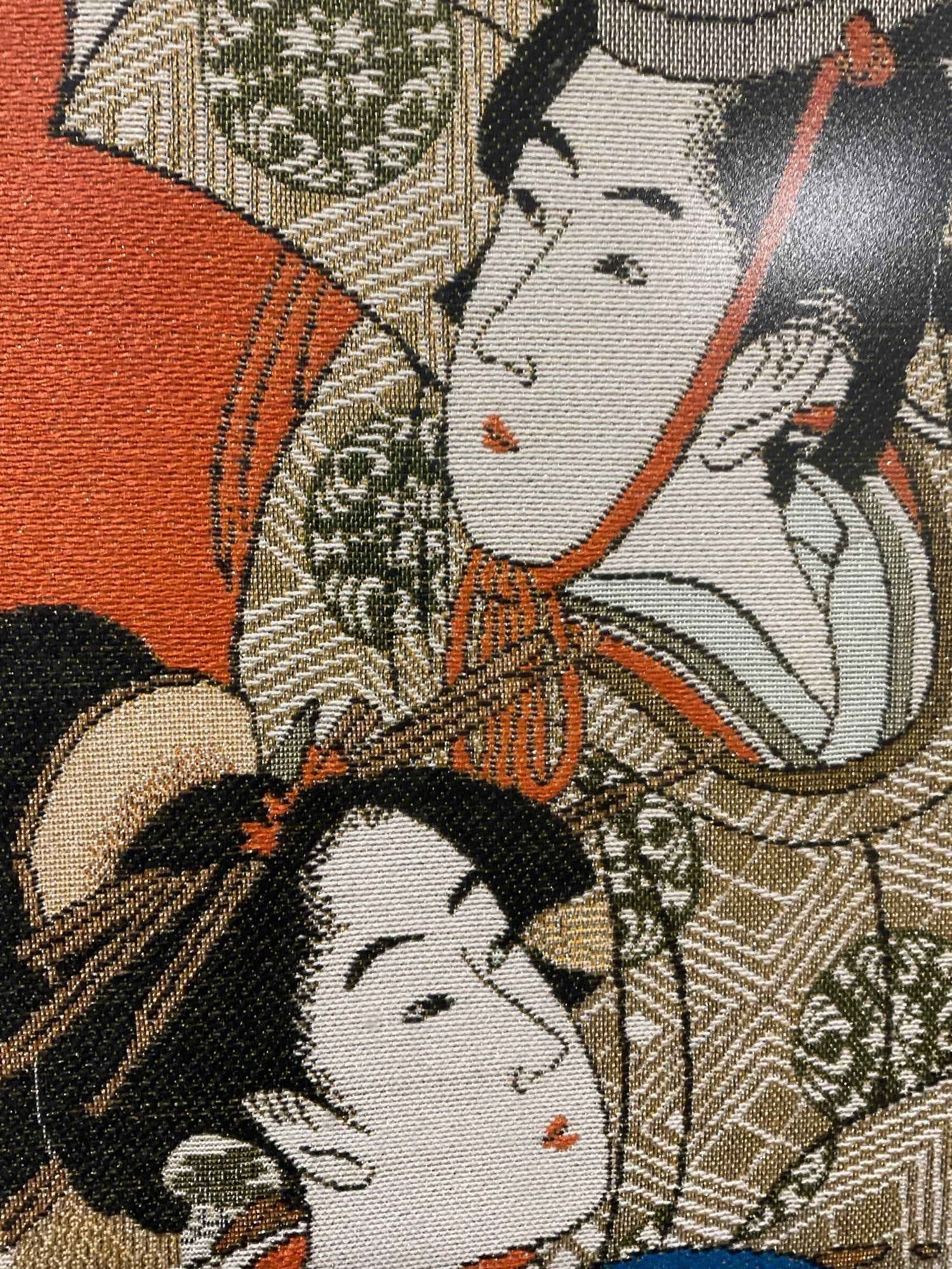 Pair of Framed Painted Woven Silk traditional geisha style pieces, 22h x 17w x 3d inches - 5