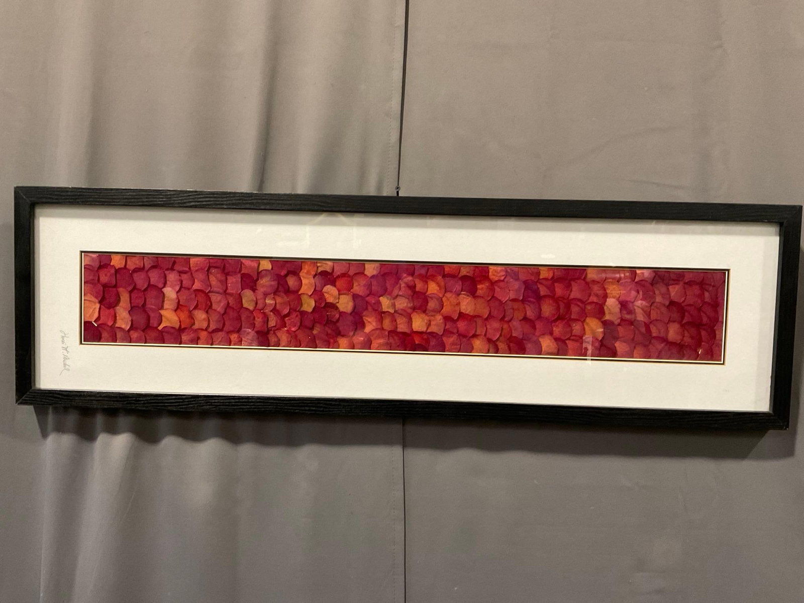 Framed Rose Petals art piece, signed by Henei St. Michal, 13x43 inches: Appears to be in good shape. The piece measures approx 13h x 43w x 4d inches. See pics. E-6080 *Oversized shipping may apply*