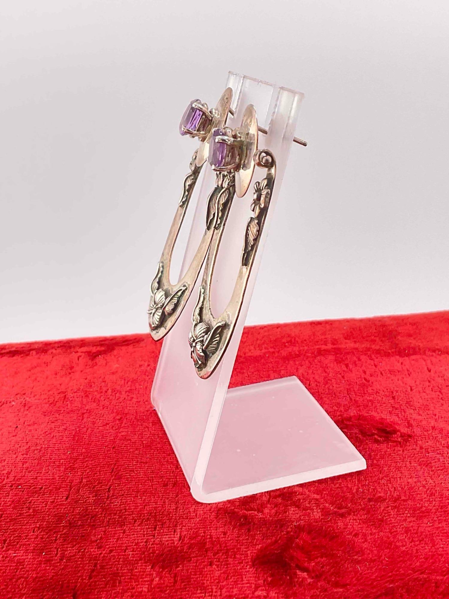 Sterling Silver Horseshoe Drop Earrings w/ Amethyst Toned Setting & Floral Design. See pics. - 2