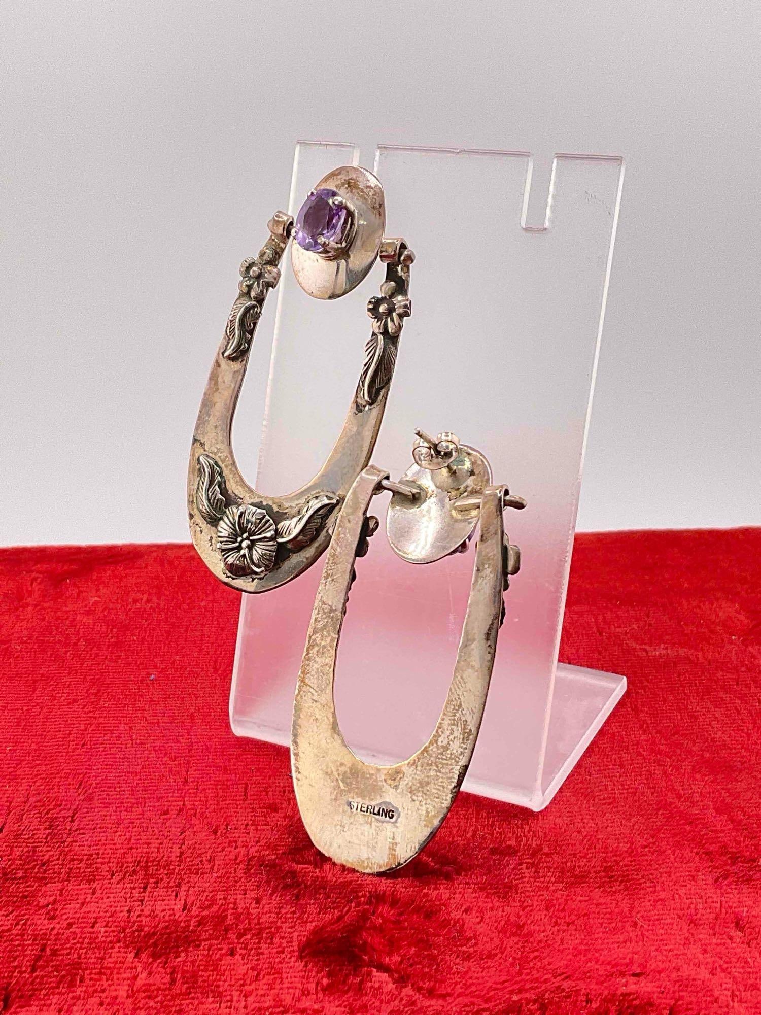 Sterling Silver Horseshoe Drop Earrings w/ Amethyst Toned Setting & Floral Design. See pics. - 3