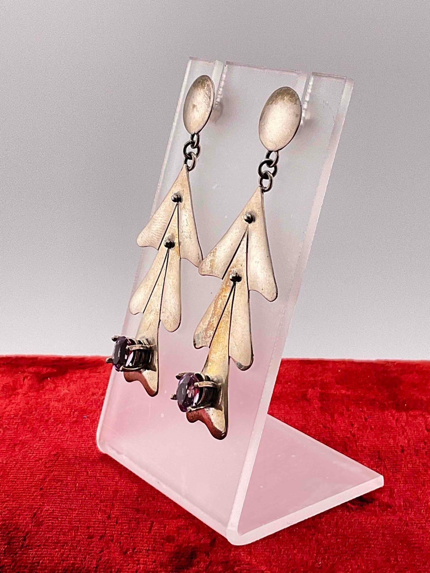 SW Navajo Sterling Silver Tree Shaped Drop Earrings w/ Amethyst Toned Setting, Signed. E. Billy. - 2