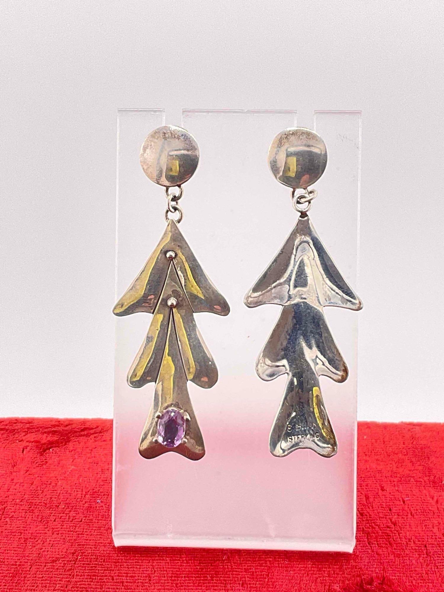 SW Navajo Sterling Silver Tree Shaped Drop Earrings w/ Amethyst Toned Setting, Signed. E. Billy. - 3