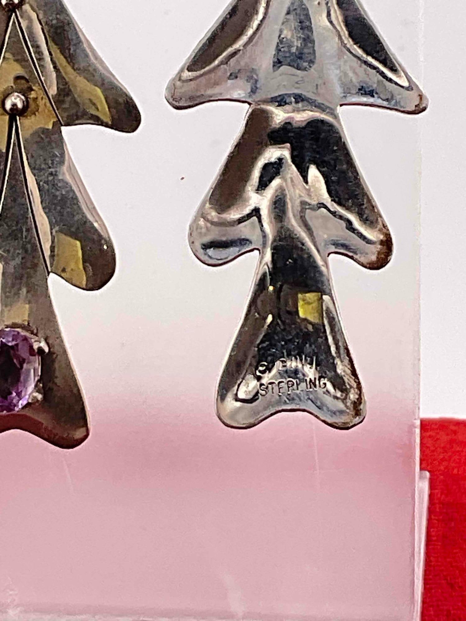 SW Navajo Sterling Silver Tree Shaped Drop Earrings w/ Amethyst Toned Setting, Signed. E. Billy. - 4
